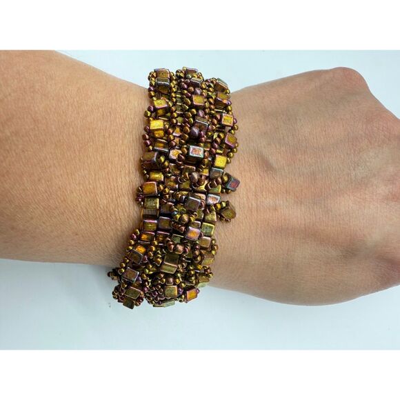 Jewelry - Vintage Chunky Woven Bead Bracelet Bronze  tone